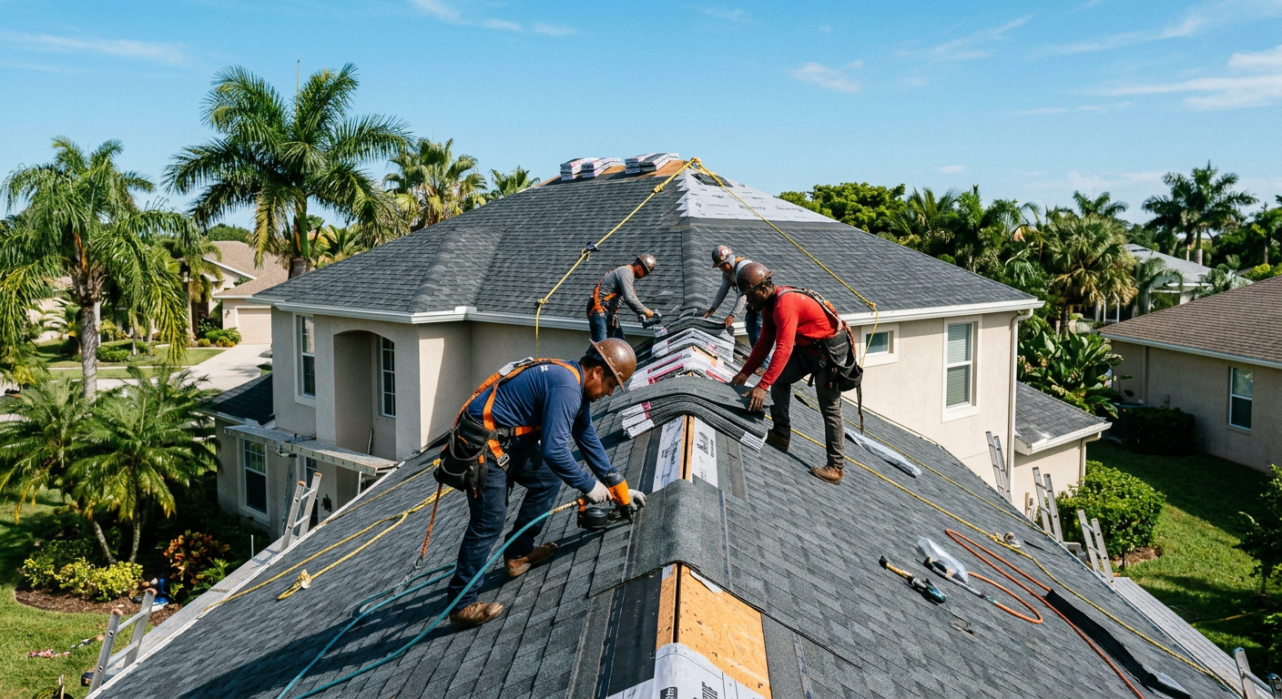 Newly installed gray architectural shingle roof against a blue sky