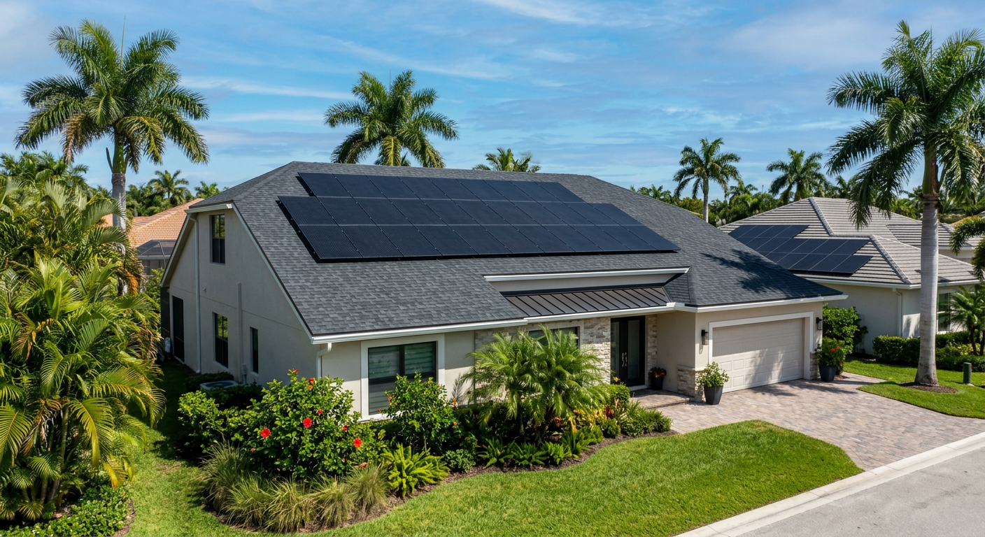 Modern home with a full array of rooftop solar panels