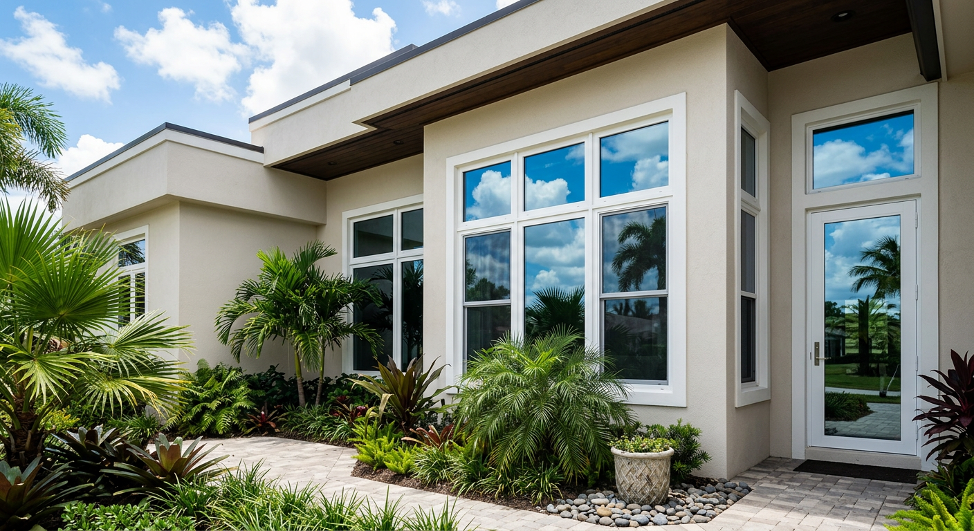 Stone and blue-sided home with new black-framed replacement windows